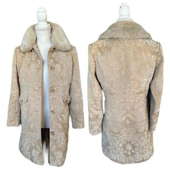 Vtg Cream Brocade Tapestry Carpet Faux Fur Trim Jacket Coat Trench Peacoat Small - Picture 1 of 11